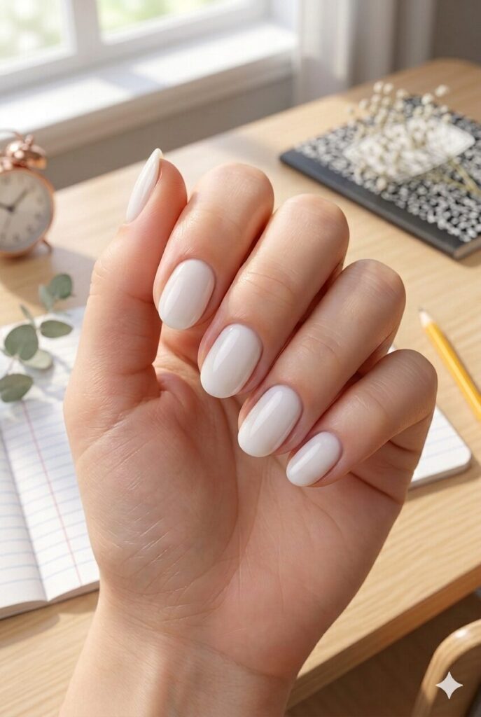 Short almond nails with glossy milky white polish
