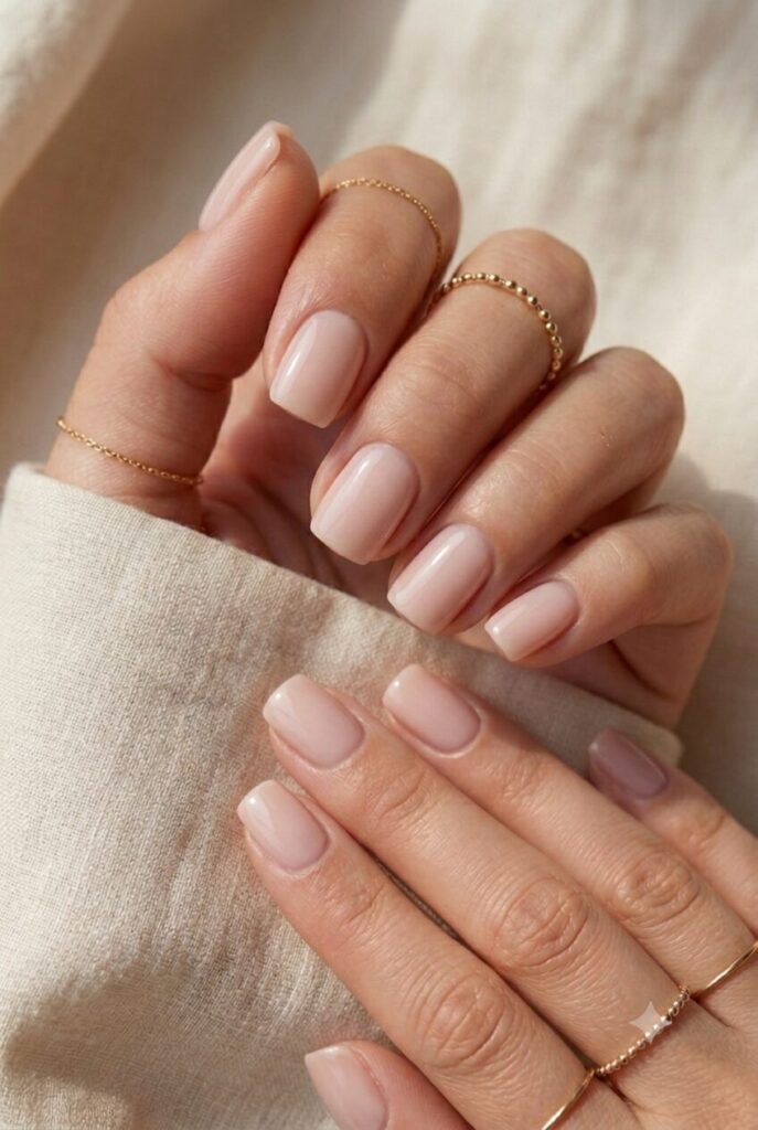 Short squoval nails with glossy nude pink polish
