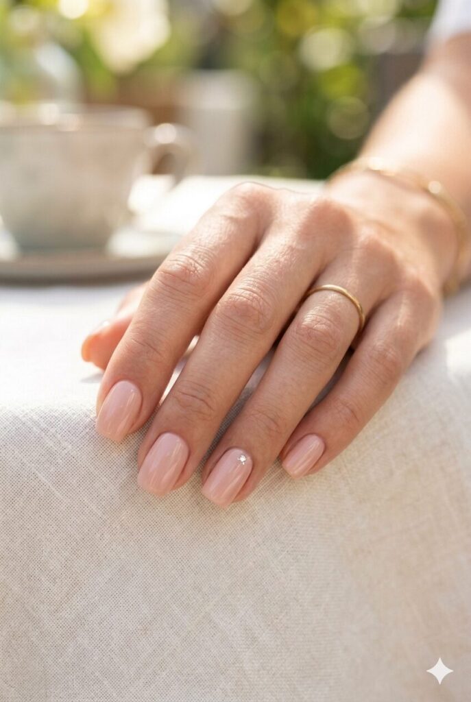 Short squoval nails with glossy nude pink polish