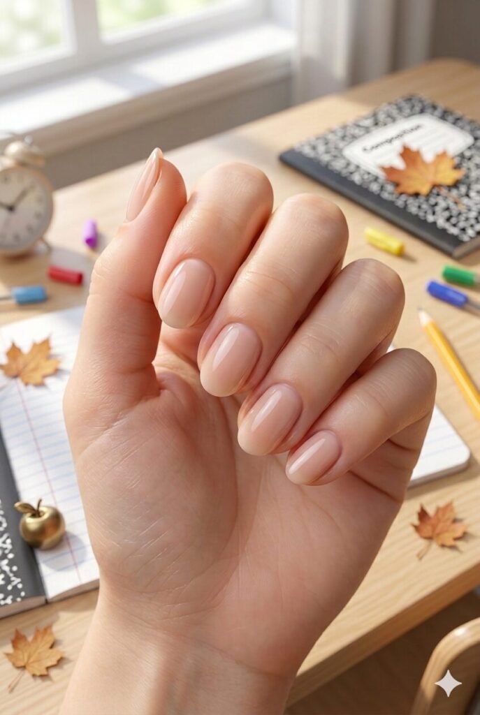 Short oval nails with glossy soft peach polish