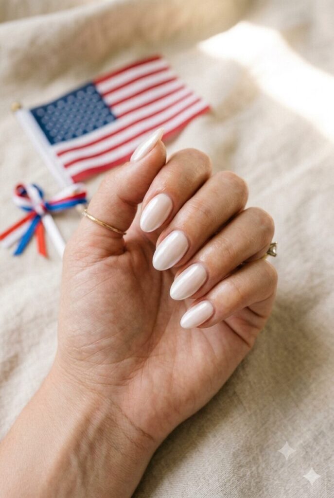Short almond nails with glossy pearl white pearly finish