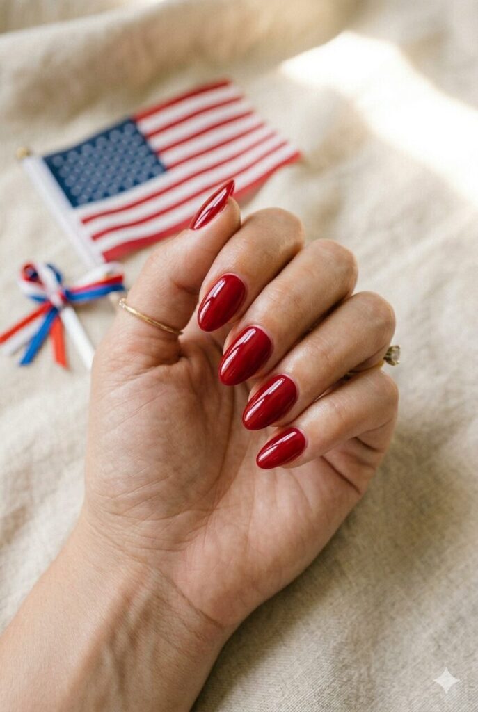 Short almond nails with glossy bright red patriotic polish