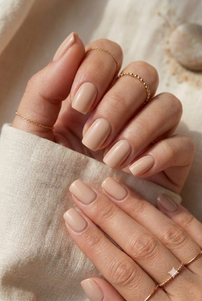 Short squoval nails with warm sand nude glossy polish