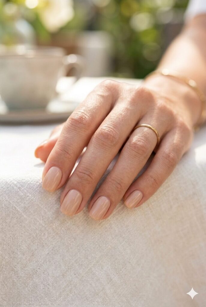 Short squoval nails with warm sand nude glossy polish