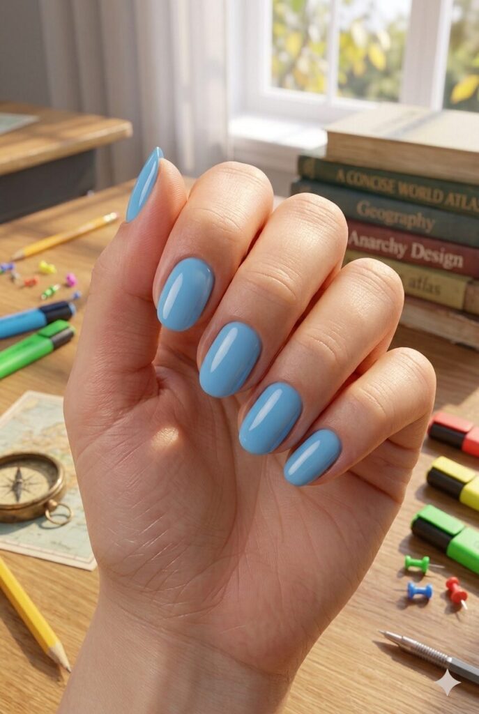 Short almond nails with glossy sky blue polish