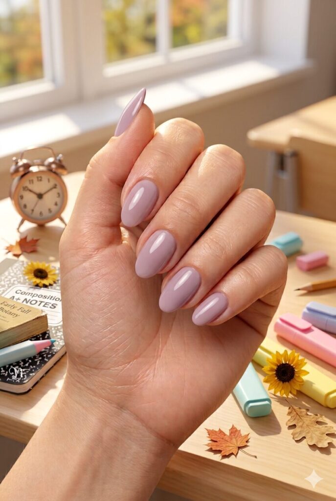 Short oval nails with glossy soft mauve polish