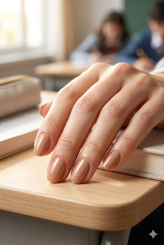 Short oval nails with glossy warm tan nude polis