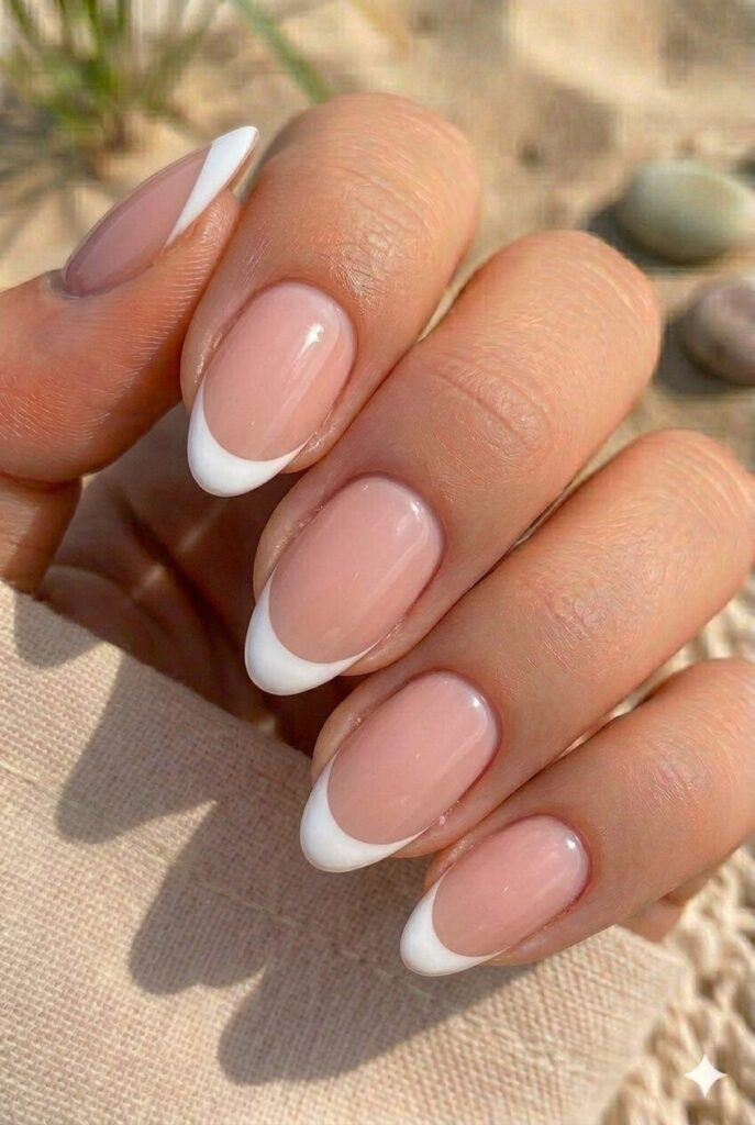 Short almond nails with nude base and glossy white French tips
