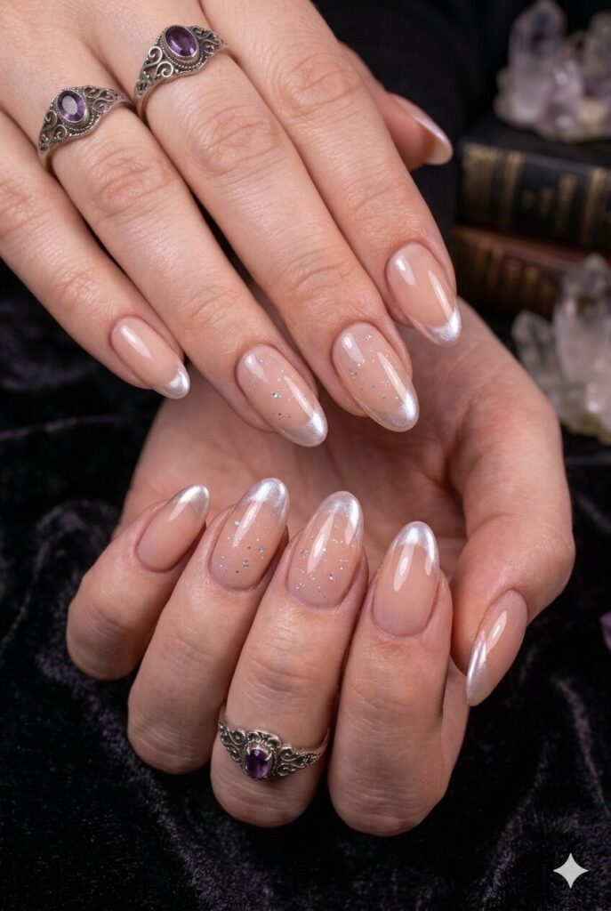 Short almond nails with nude base and pearly glow French tips