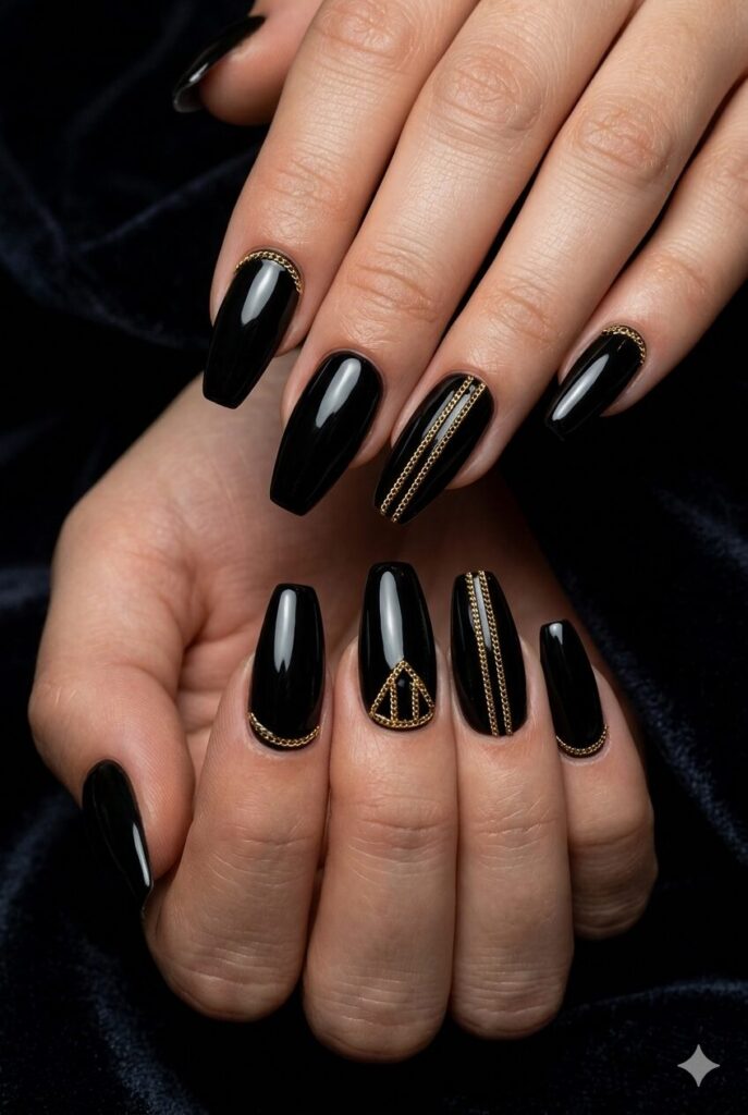 Coffin nails with glossy black base and tiny gold chain accents
