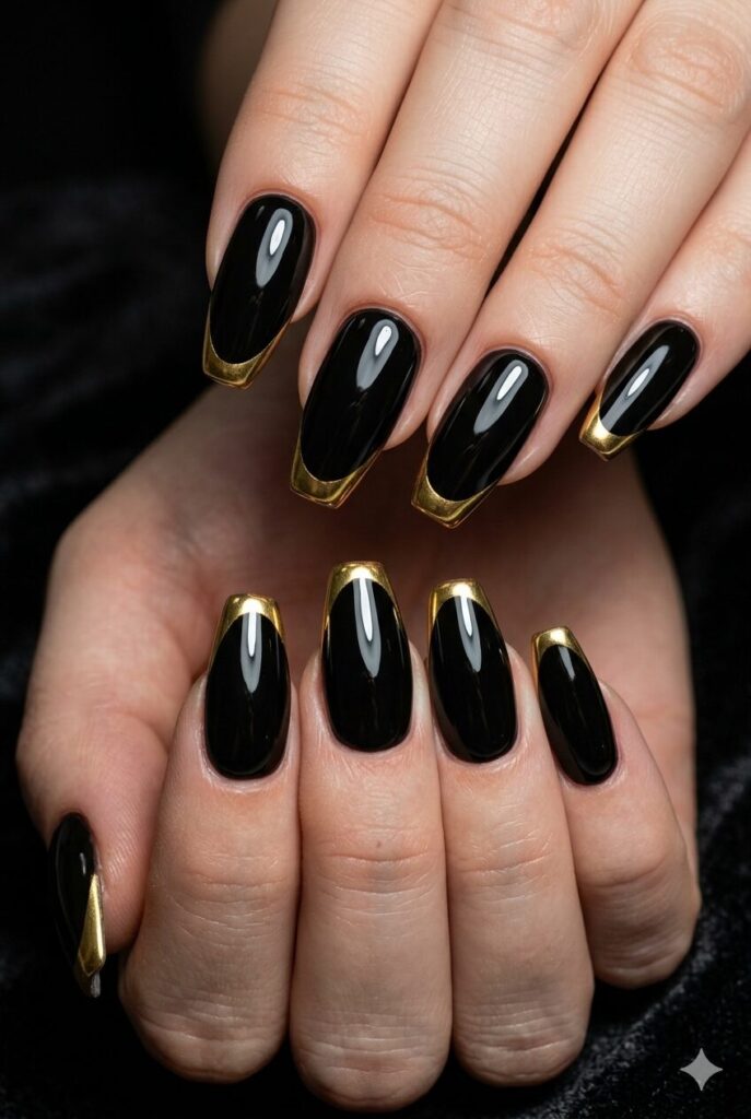 Coffin almond nails with glossy black and gold chrome French tips