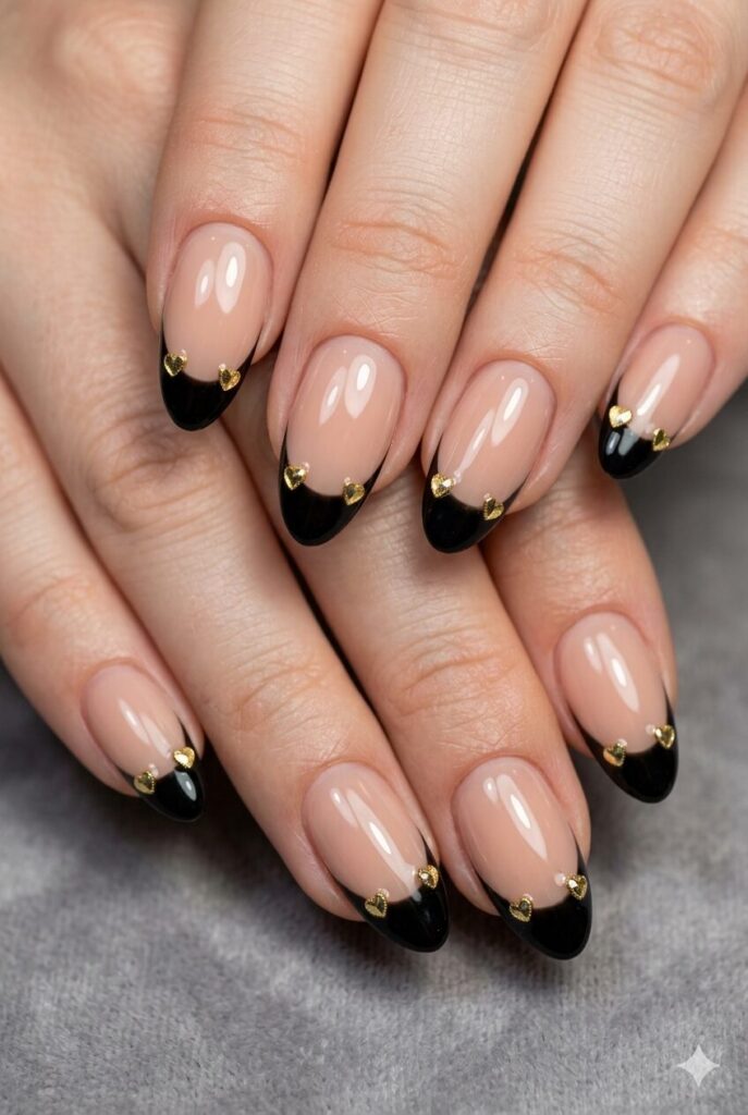 Almond nails with black French tips and tiny gold heart tip accents