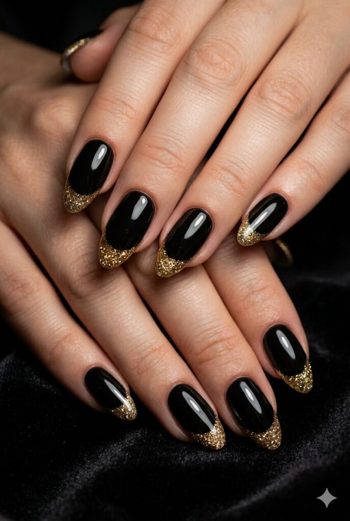 Almond nails with glossy black base and gold glitter tip accents