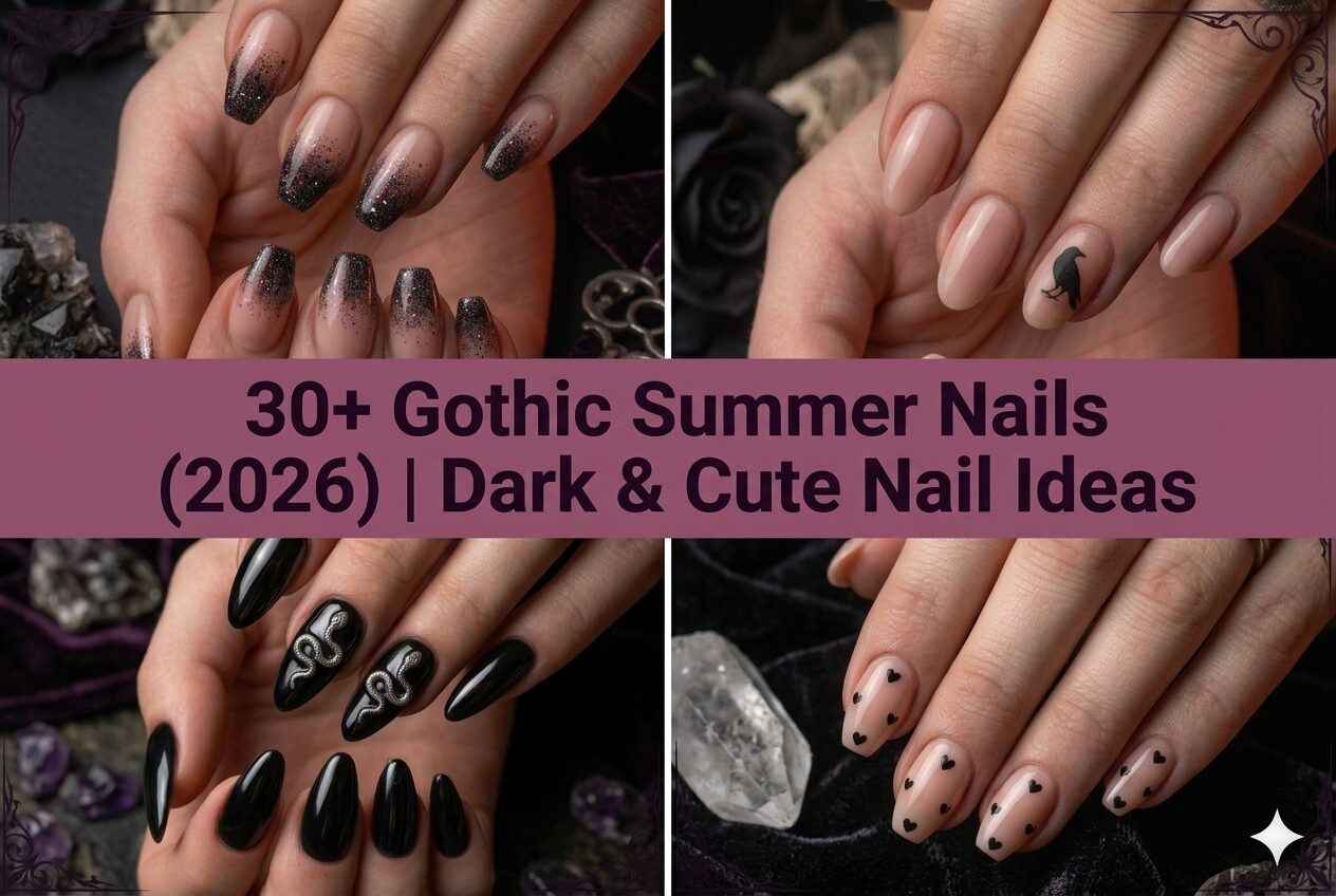 Collage of gothic summer nails for 2026 with dark cute mystical designs