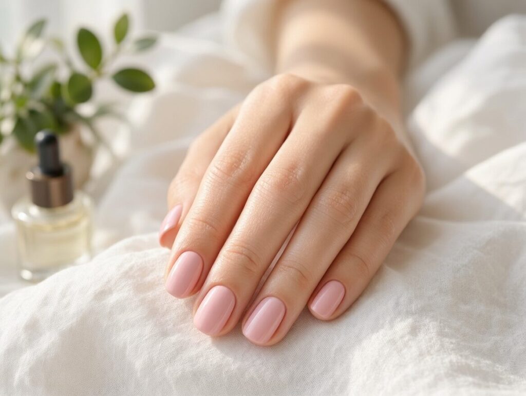 Healthy smooth cuticles with pastel pink summer nails after daily cuticle care routine