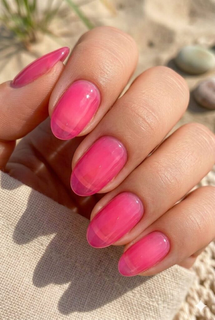 Bright hot pink jelly almond oval nails with glossy finish