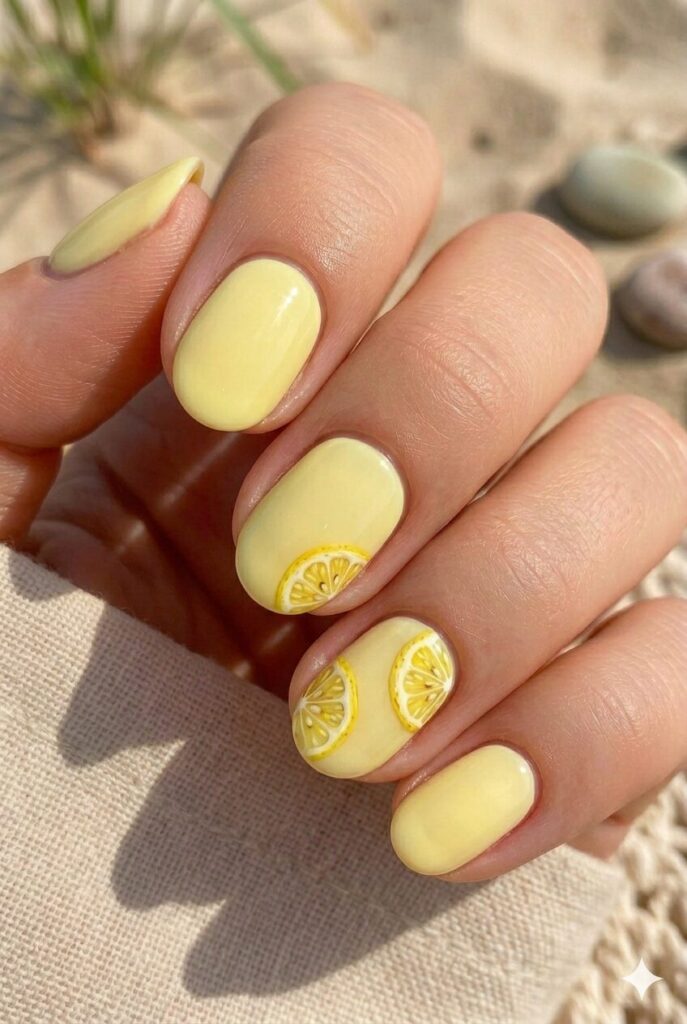 Soft yellow nails with tiny lemon slice accent art