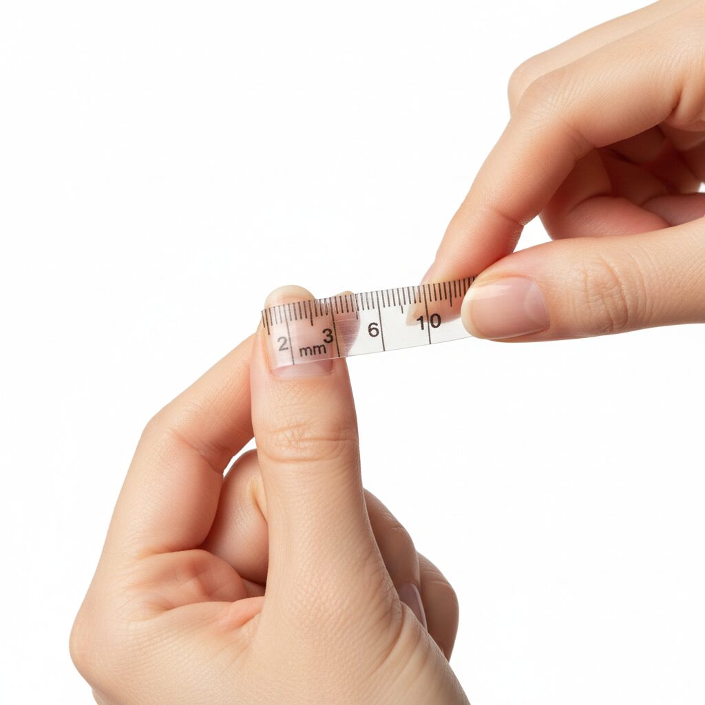 Measuring fingernail width with flexible tape for press-on nail sizing