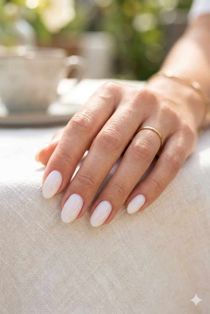 Short oval almond nails with milky white glossy summer polish