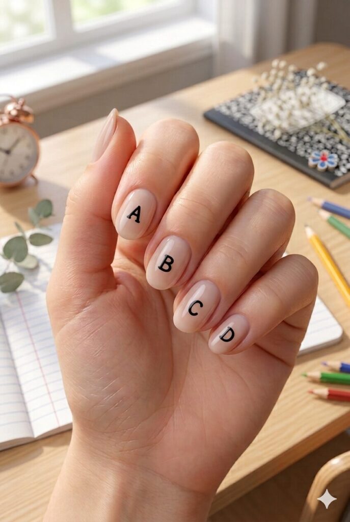 Short oval nails with nude base and tiny black ABC letter accents