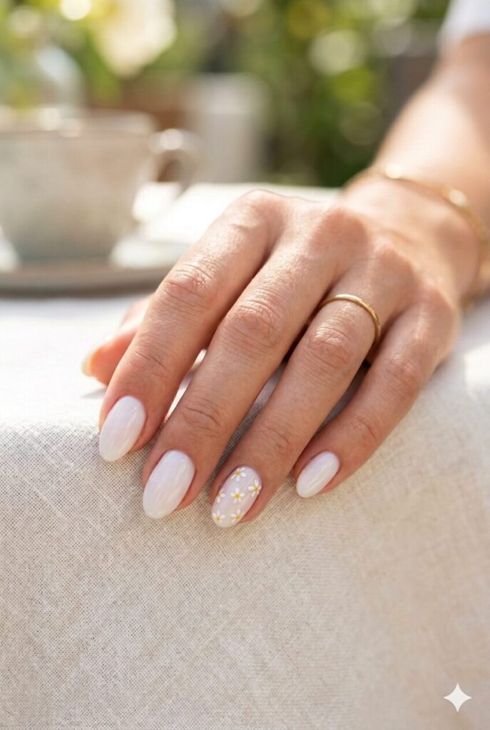 Short oval nails with pale pink base and tiny daisy accent