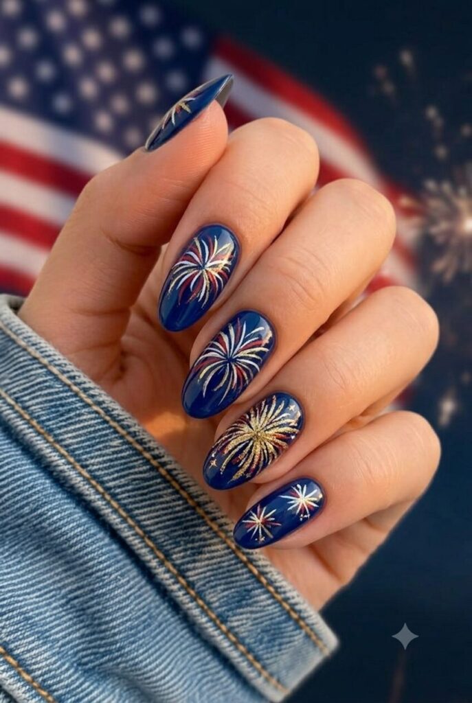 Short almond nails with dark blue base and tiny red white gold firework accents