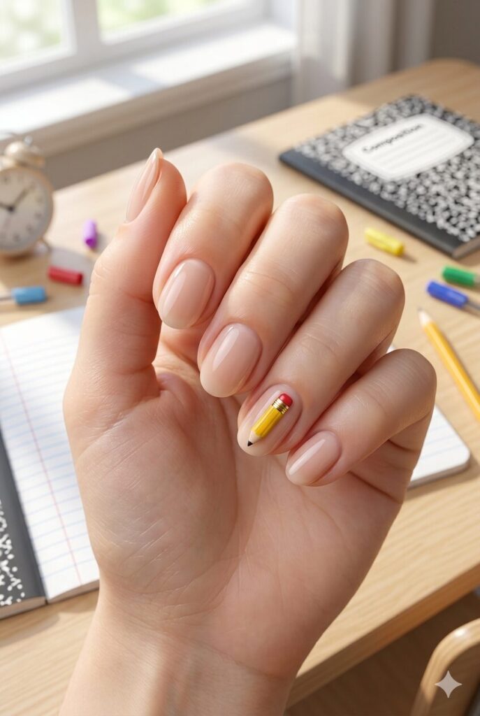 Short oval nails with nude base and tiny yellow pencil accent