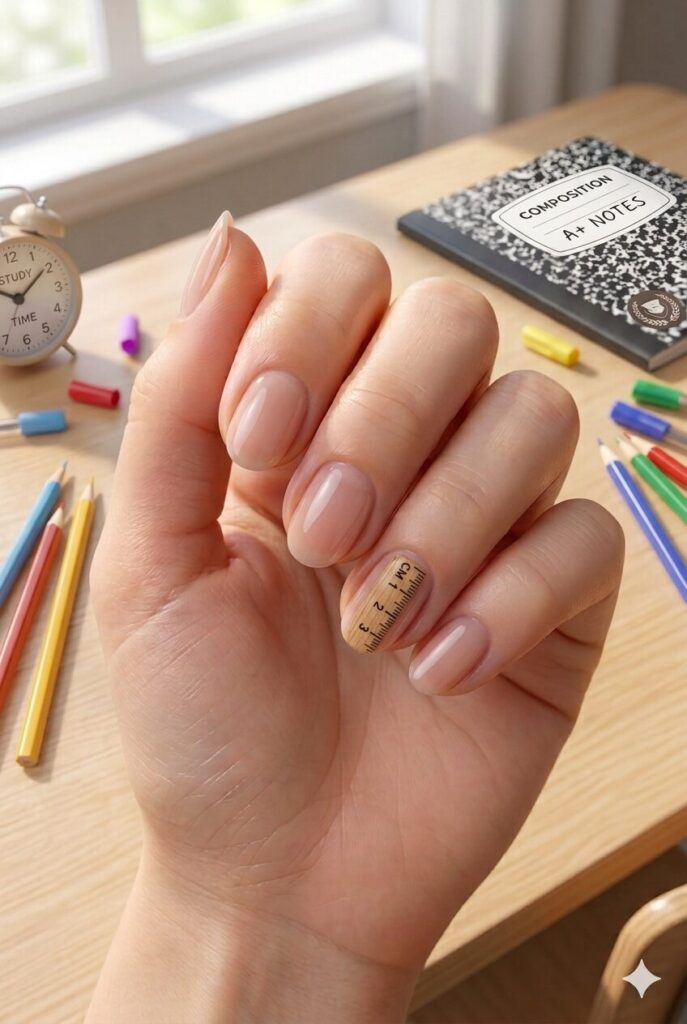 Short almond nails with nude base and tiny wooden ruler accent