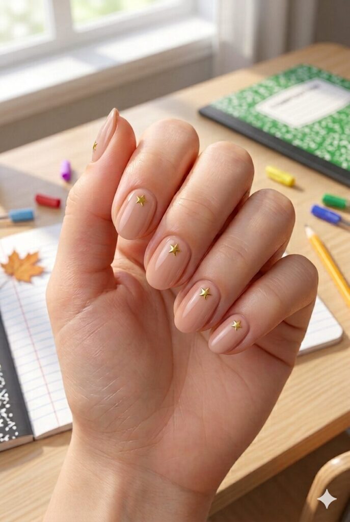 Short almond nails with nude base and tiny gold star accents
