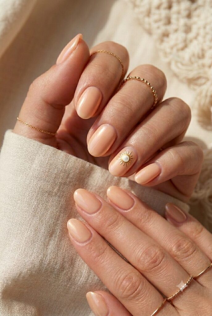 Short oval nails with peach base and tiny sun accent on ring finger