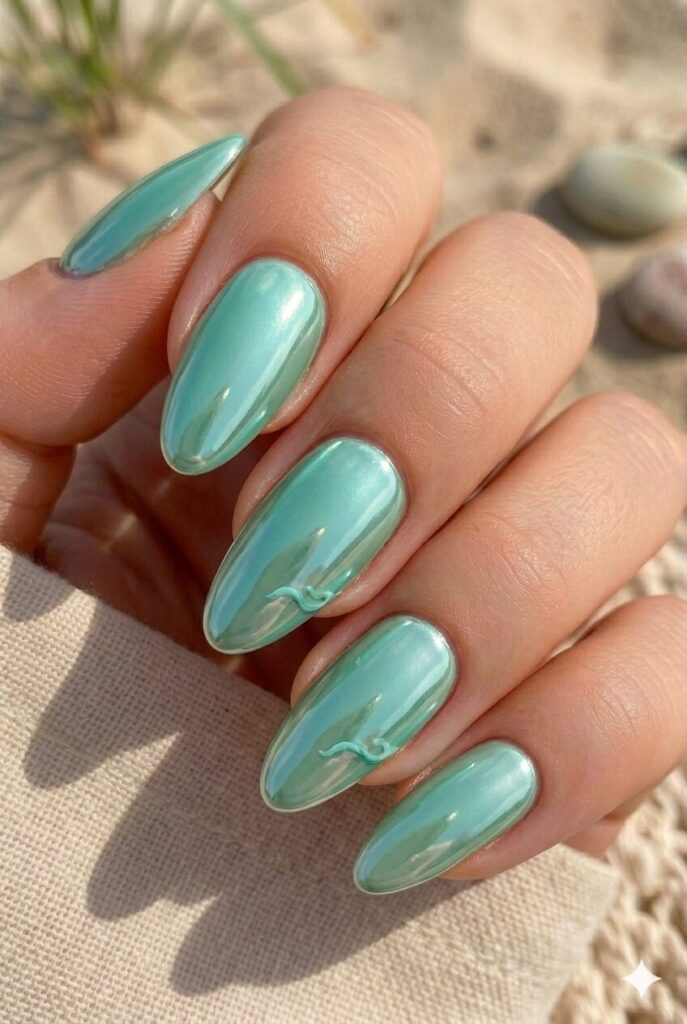 Mint green chrome almond nails with tiny wave accents