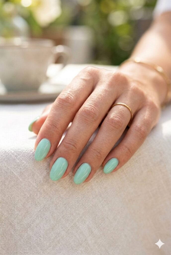 Short square nails with fresh mint green glossy polish