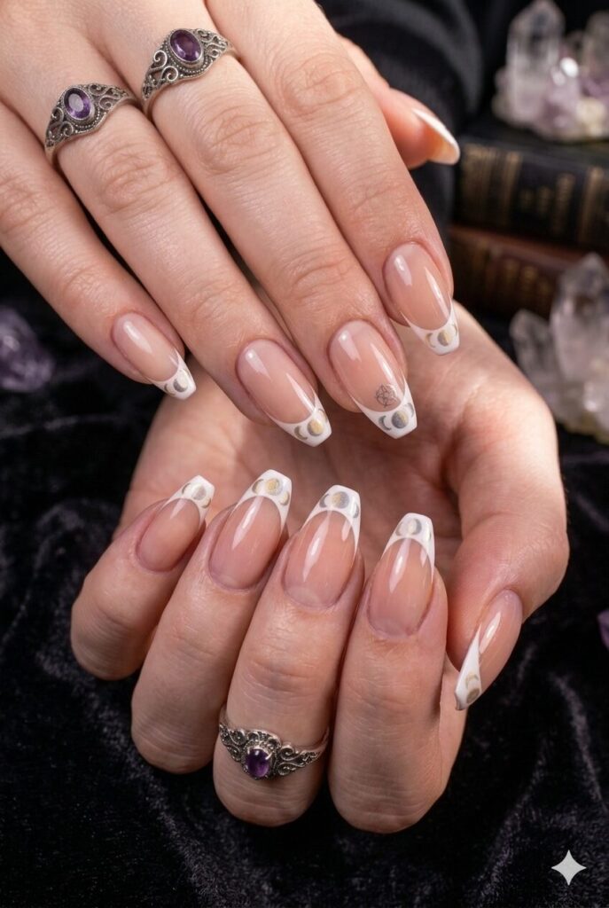 Almond nails with nude base and tiny moon phase art on French tips