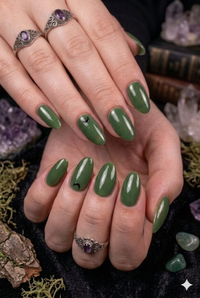 Short almond nails with deep mossy green glossy polish