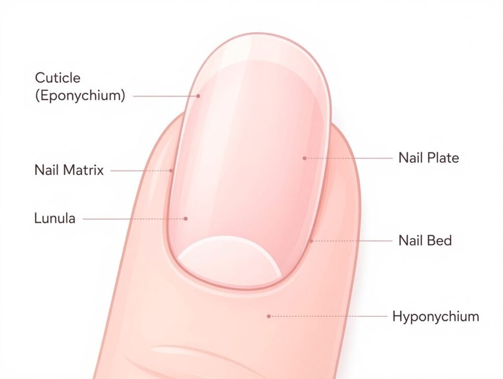 Nail anatomy diagram showing cuticle location, nail plate, nail matrix, and nail bed