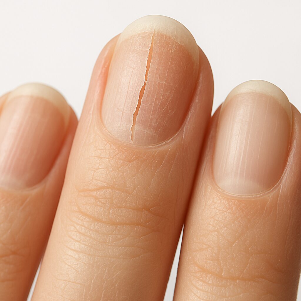 Close-up of a fingernail splitting down the middle with dry nail texture