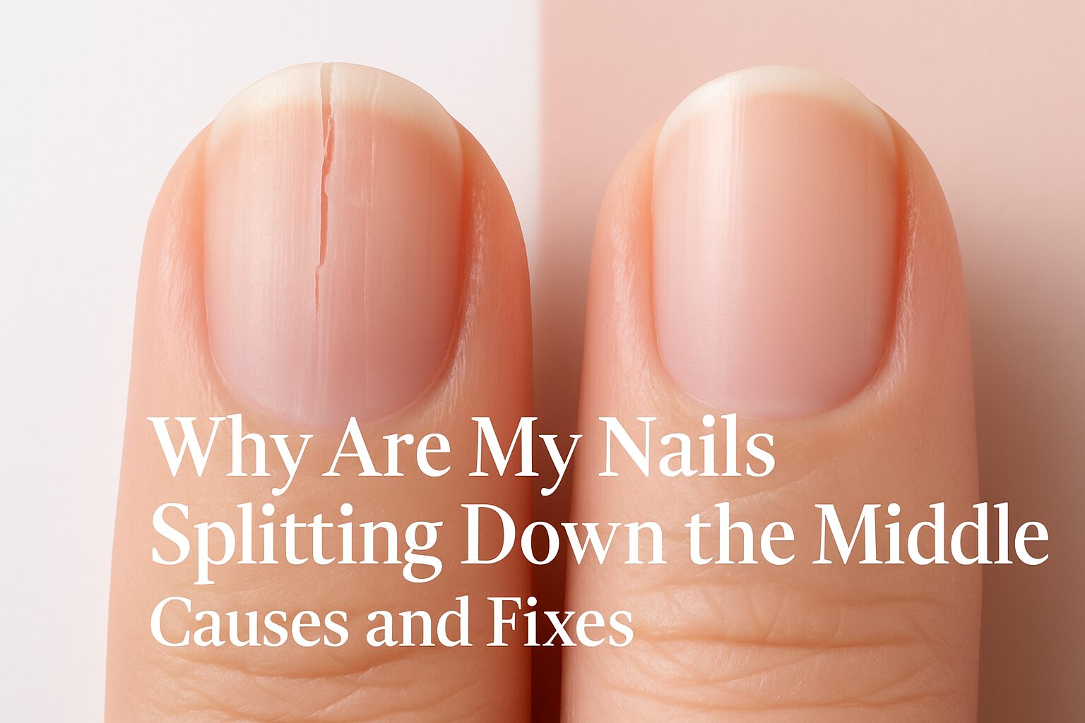 Nails splitting down the middle featured image showing a split nail and a healthy nail for comparison