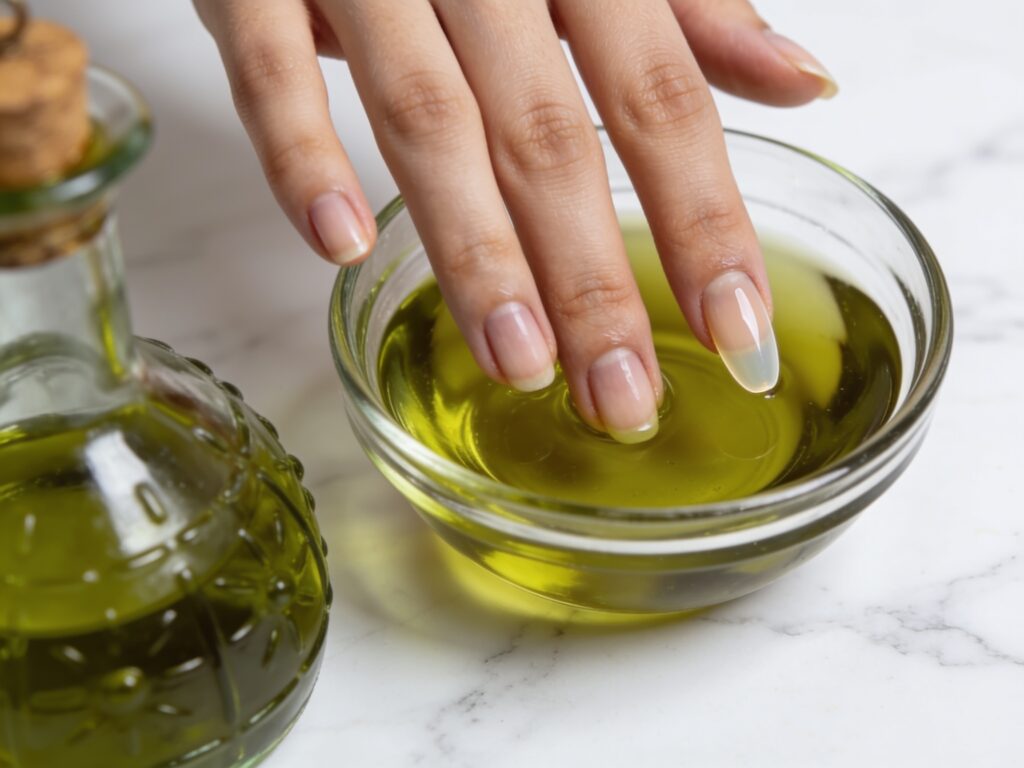 Oil soak method to remove press on nails without damage using warm olive oil