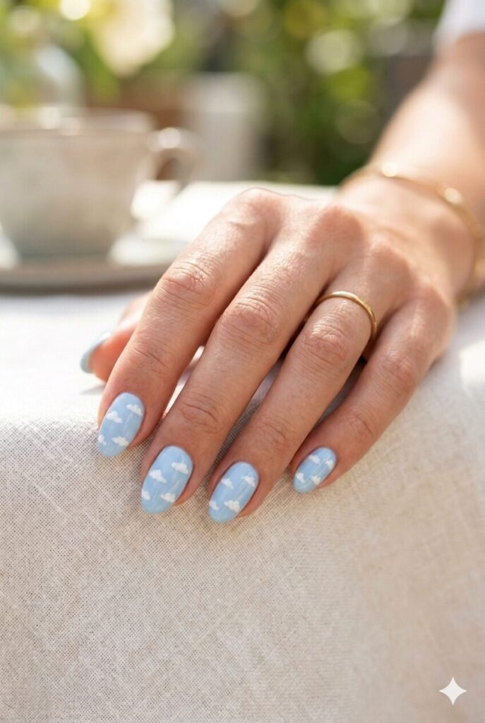 Short oval nails with pale blue base and tiny cloud details