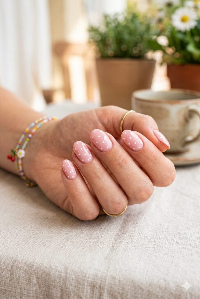 Short oval nails with soft pink base and tiny white polka dots