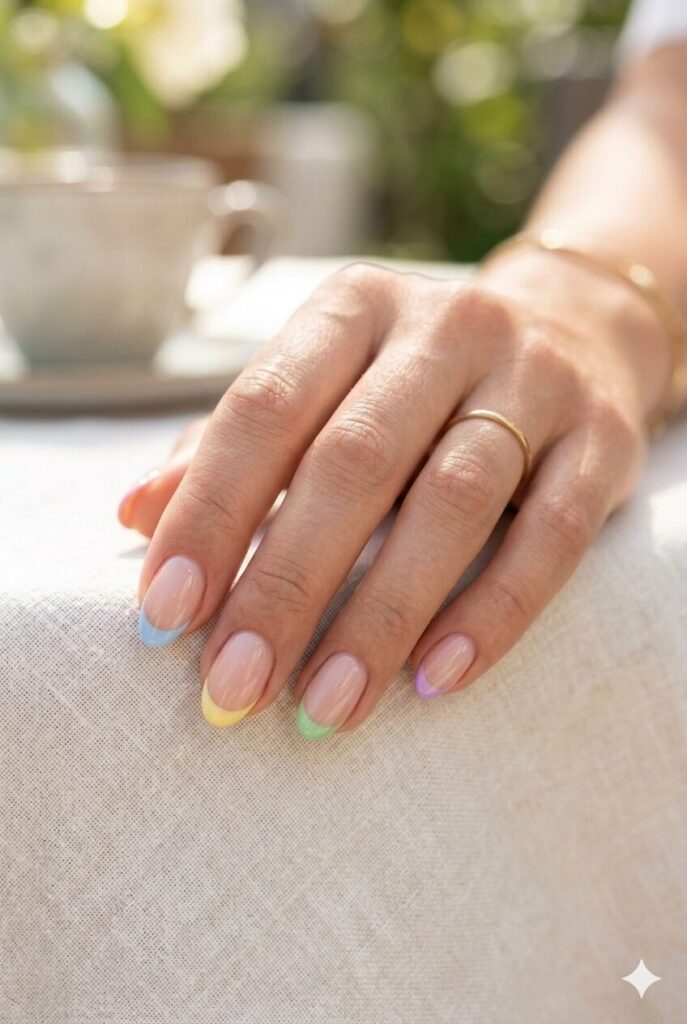Short oval nails with different pastel French tips on each nail