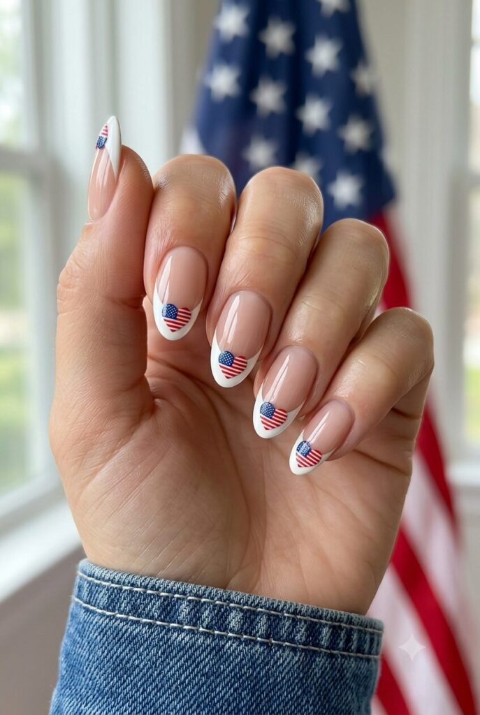 Short almond nails with white French tips and tiny American flag heart accents