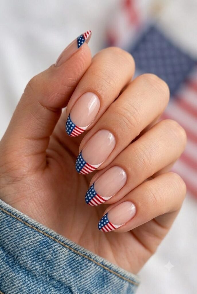 Short almond nails with nude base and tiny American flag French tips