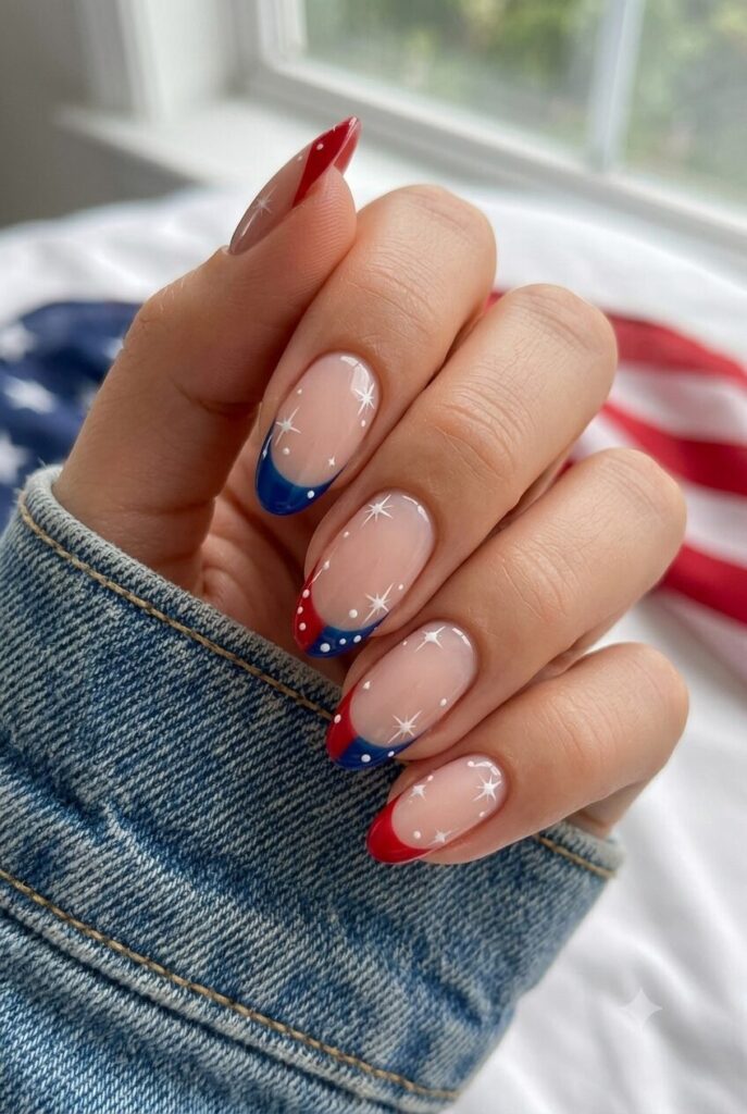 Short almond nails with nude base red blue French tips and white star bursts