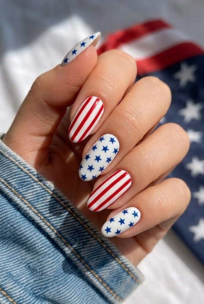 Short almond nails with white base blue stars and red stripes mix