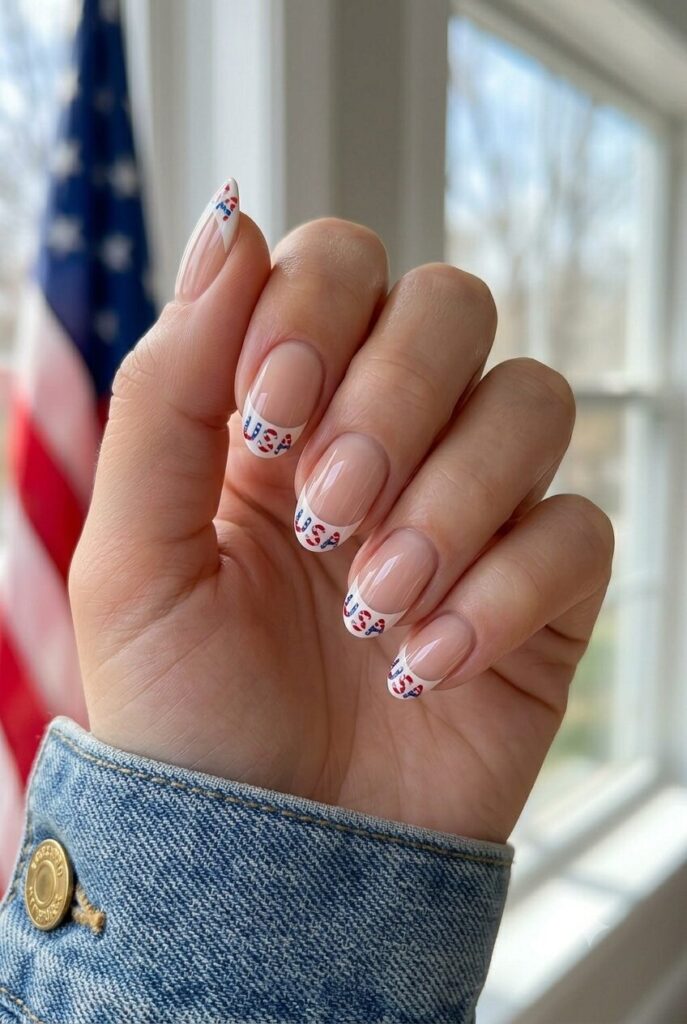 Short oval nails with nude base and tiny red white blue USA letter accents