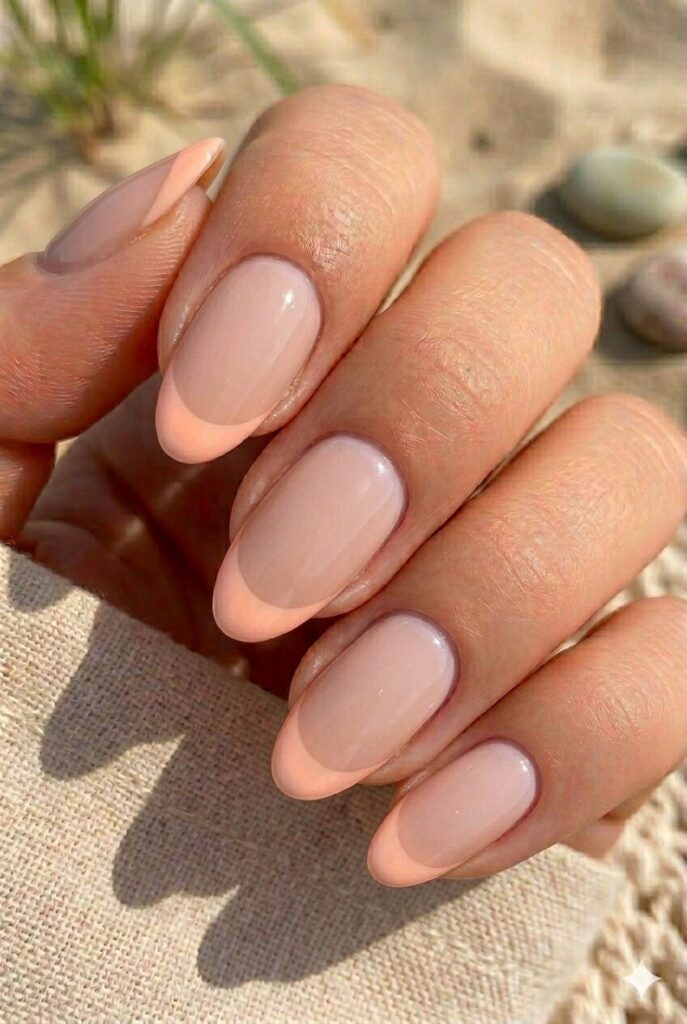 Short almond nails with nude base and peach glow French tips