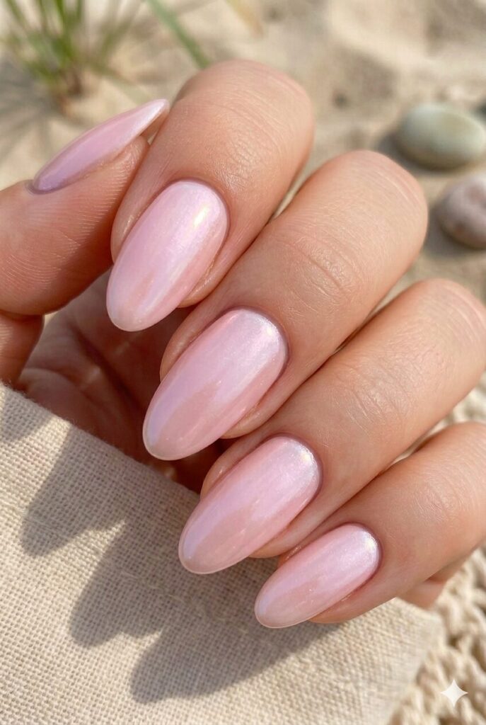 Soft pink almond nails with pearly glaze finish
