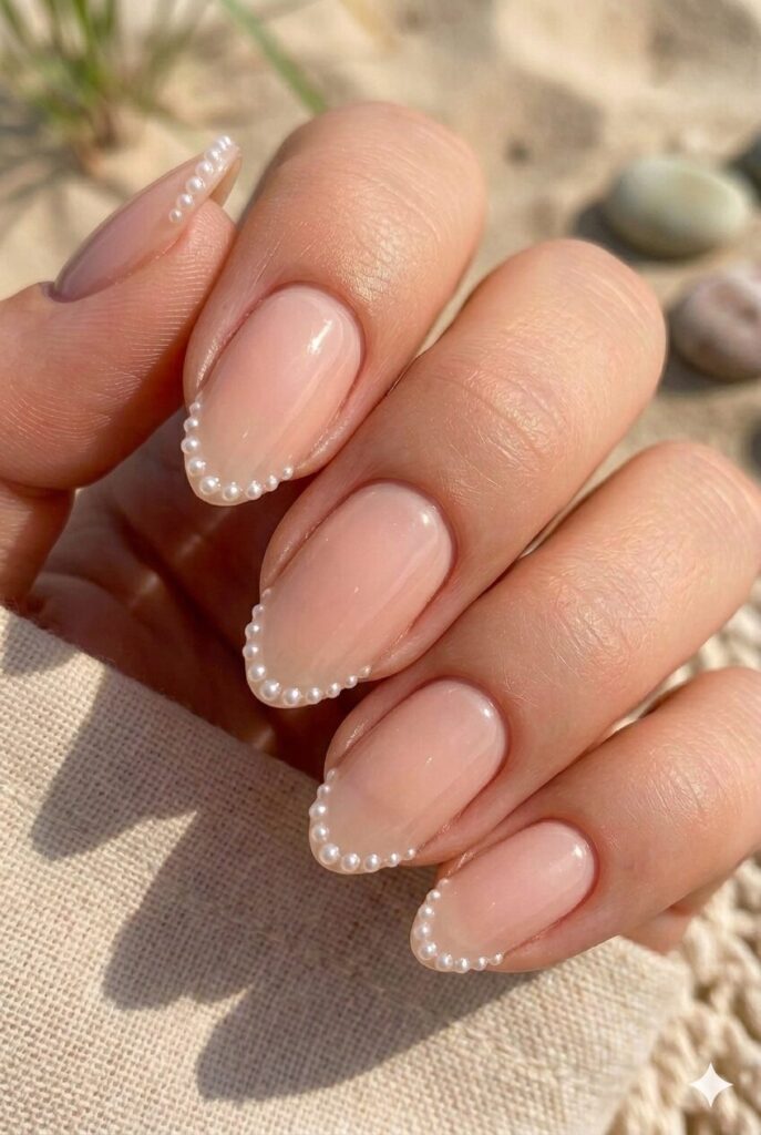 Sheer nude almond nails with tiny pearl tip accents