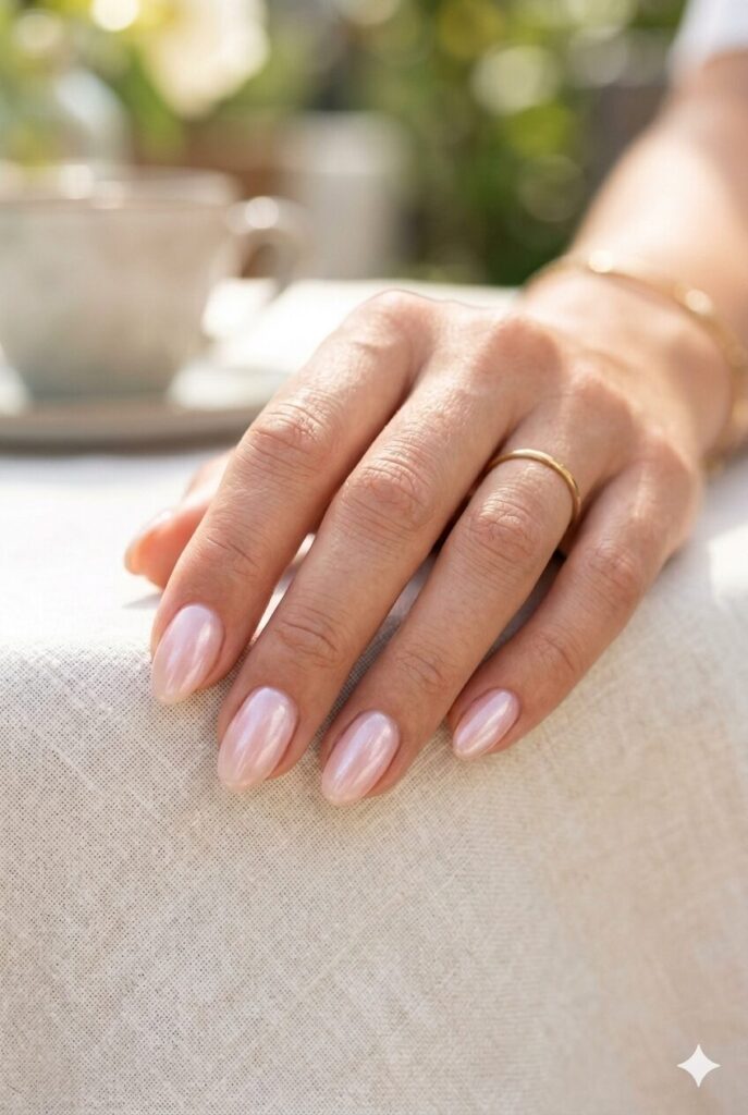 Short almond nails with soft pink and pearly glow finish